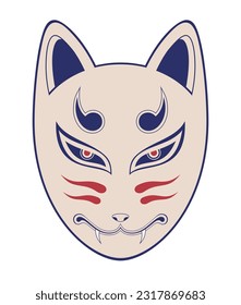 Kitsune fox mask vector illustration, isolated on white background. Japanese traditional mask. Traditional japanese demon. Tattoo print. Color illustration.