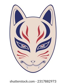 Kitsune fox mask vector illustration, isolated on white background. Japanese traditional mask. Traditional japanese demon. Tattoo print. Color illustration.