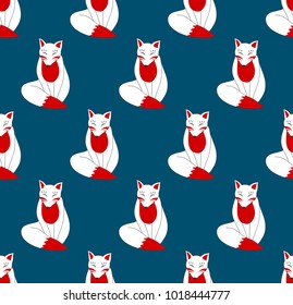 Kitsune Fox on Indigo Blue Background. Vector Illustration.