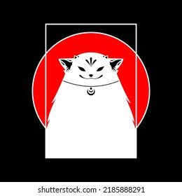 Kitsune fox in white square frame with red circle on black background cute anime japanese style flat vector icon design.