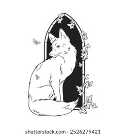 Kitsune fox wild life animal over gothic arch with ivy hand drawn line art gothic tattoo design isolated vector illustration