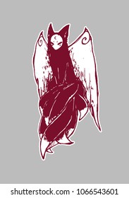 Kitsune fox with wings and nine tails. Japanese mythology. Magic illustration with fantasy creature. Graphic hand drawn. Can be used like card, avatar, tattoo, wallpaper, etc.