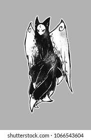 Kitsune fox with wings and nine tails. Japanese mythology. Magic illustration with fantasy creature. Graphic hand drawn. Can be used like card, avatar, tattoo, wallpaper, etc.