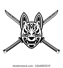 Kitsune Head and Cross Katana samurai Vector illustration Black And White