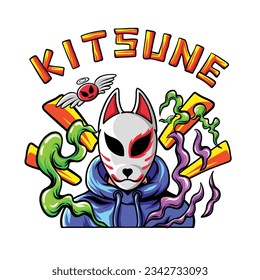 Kitsune japanese fox mask mascot logo. Hand drawn vector illustration