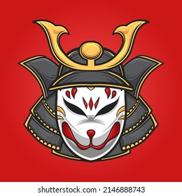 Kitsune japanese wearing samurai helmet vector illustration