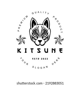 Logo de Kitsune japanesee Wolf en ilustraciones vintage de vector blanco y negro