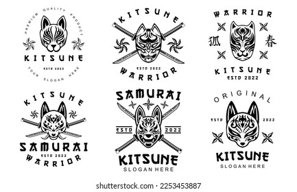 Logotipo Kitsune Paquete Estilo de cosecha samurai japanés Logotipo de lobo en ilustración vectorial en blanco y negro	