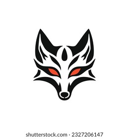 Kitsune logo of fox face clipart vector, japan mask of animal head mythology silhouette, mascot icon, wolf symbol. isolated on white background.