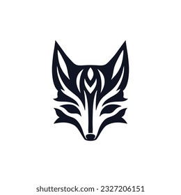 Kitsune logo of fox face clipart vector, japan mask of animal head mythology silhouette, mascot icon, wolf symbol. isolated on white background.
