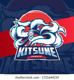 kitsune mascot esport logo white fox with nine tails