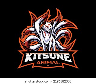 Kitsune Mascot Logo Design. Nine Tailed Fox Vector Illustration. Logo Illustration For Mascot Or Symbol And Identity, Emblem Sports Or E-sports Gaming Team