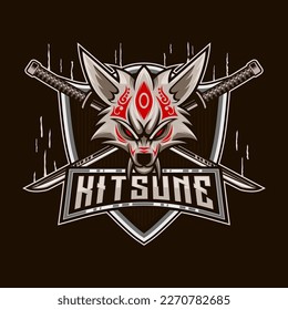 Kitsune Mascot Logo. Kitsune Wolf Head E-Sport Cross Katana Sword Japanesee Fox Logo vector illustration