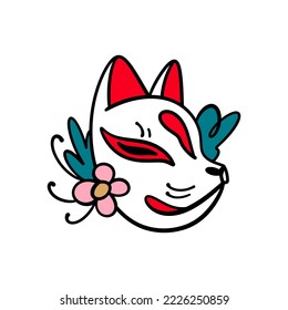 Kitsune mask artwork with sakura flower, traditional culture Japanese icon animal face character. Cartoon doodle style illustration isolated on white background.