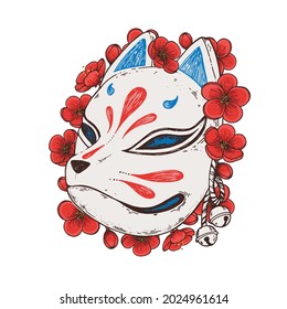 Kitsune mask with camelia flower hand drawn vector illustration. Traditional japanese demon. Tattoo print. Hand drawn illustration for t-shirt print, fabric and other uses.