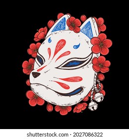 Kitsune mask with camelia flower hand drawn vector illustration. Traditional japanese demon. Tattoo print. Hand drawn illustration for t-shirt print, fabric and other uses.