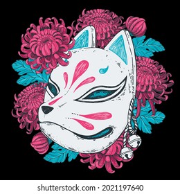 Kitsune mask with chrysanthemum flowers hand drawn vector illustration. Traditional japanese demon. Tattoo print. Hand drawn illustration for t-shirt print, fabric and other uses.