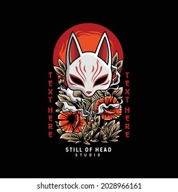 kitsune mask with the flower, illustration with Japanese theme, the sun behind and the clouds around
