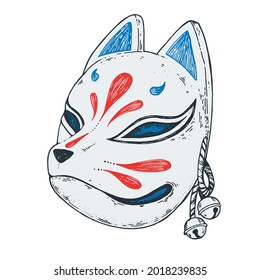 Kitsune Mask Hand Drawn Vector Illustration. Traditional Japanese Demon. Tattoo Print. Hand Drawn Illustration For T-shirt Print, Fabric And Other Uses.