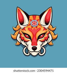 Kitsune Mask Hand Drawn Vector Cartoon Flat Illustration