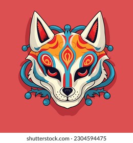 Kitsune Mask Hand Drawn Vector Cartoon Flat Illustration