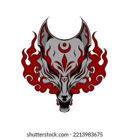 Kitsune Mask Illustration Design with Moon and Sun Simbol in Head.Designs Concept for T-shirts, Tattoos, Stickers, Gaming Logos or Posters.