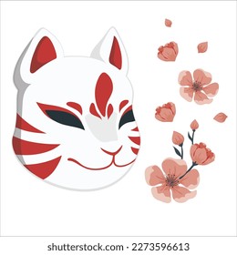 Kitsune mask with jingle bells on black background. Traditional Japanese fox mask vector illustration.