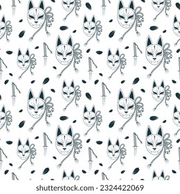 Máscara kitsune y katana sin fisuras.  Fondo vectorial con motivos orientales. Arte japonés para papel textil, textura y envoltura.
