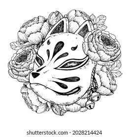 Kitsune mask with pion flowers hand drawn vector illustration. Traditional japanese demon. Tattoo print. Hand drawn illustration for t-shirt print, fabric and other uses.