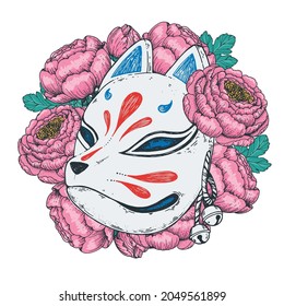 Kitsune mask with pion flowers hand drawn vector illustration. Traditional japanese demon. Tattoo print. Hand drawn illustration for t-shirt print, fabric and other uses.