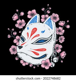 Kitsune mask with sakura flower hand drawn vector illustration. Traditional japanese demon. Tattoo print. Hand drawn illustration for t-shirt print, fabric and other uses.