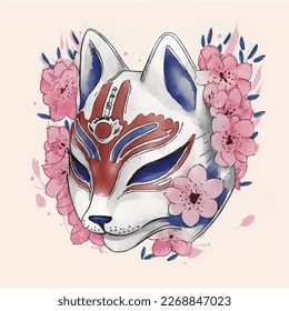 Kitsune mask with sakura flower hand drawn vector illustration. Traditional japanese demon. Tattoo print. Hand drawn illustration for t-shirt print, fabric and other uses.