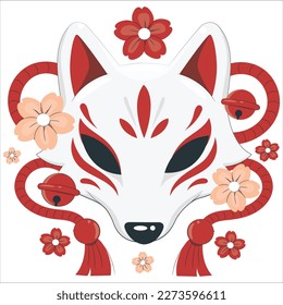 Kitsune mask with sakura flower hand drawn vector illustration. Traditional japanese demon. Tattoo print. Hand drawn illustration for t-shirt print, fabric and other uses.