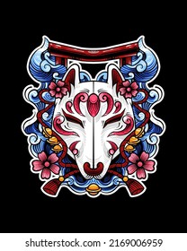 Máscara de Kitsune con flor de Sakura y camiseta de Tori Gate Ilustración Diseño de Estilo Japonés. Vector De Ilustración Japonés De Máscara De Kitsune Aislado. Adecuado para diseño de camisetas, afiche, logotipo y fondo de escritorio.