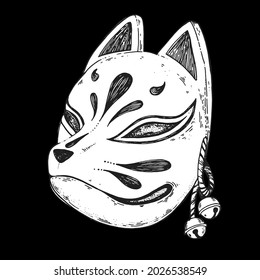 Kitsune mask sketch hand drawn vector illustration. Traditional japanese demon. Tattoo print. Hand drawn illustration for t-shirt print, fabric and other uses.