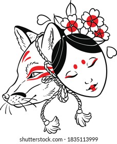 Kitsune and mask tattoo sketch