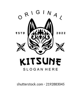 Kitsune Shuriken Head japanesee Wolf Logo in vintage style black and white vector illustration