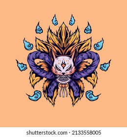 Máscara de cráneo kitsch ilustración vectorial con cola de nueve zorros