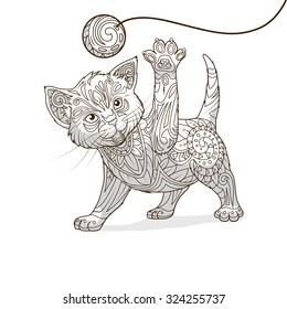 Kitten with abstract ornament hand drawn vector illustration, abstract ornament, black and white, colorless