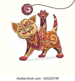 Kitten with abstract ornament hand drawn vector illustration, abstract ornament, color, colorful