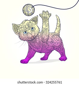 Kitten with abstract ornament hand drawn vector illustration, abstract ornament, color, colorful