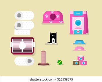 Kitten and accessories. Animal character, toy ball, napkins and canned. flat vector illustration