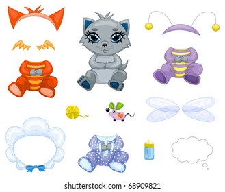Kitten and accessories with label for text or object