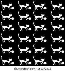 Gatito con bola (blanco y negro), patrón de fondo vectorial sin costura.