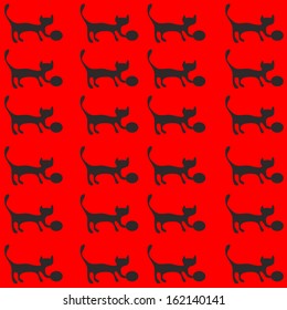 Kitten with ball (red background), vector background pattern seamless.