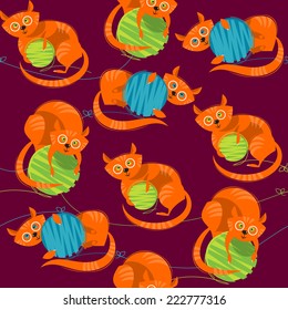 Kitten with a ball of yarn. background pattern. Vector illustration