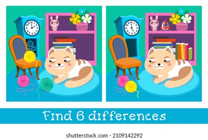 Kitten And Balls Of Thread In Room. Characters In Cartoon Style With Background. Find 6 Differences. Game For Children. Vector Full Color Illustration.