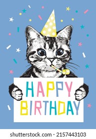 Kitten with banner Happy birthday om blue background. Vector illustration.