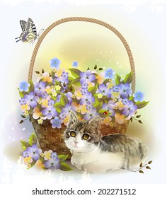 kitten and basket with violet flowers