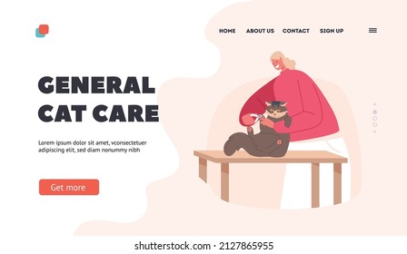 Kitten Beauty. Landing Page Template. Hairdresser Character Cutting Cat Talons with Scissors in Salon, Groomer Woman Provides Grooming Service, Domestic Animal Care. Cartoon People Vector Illustration